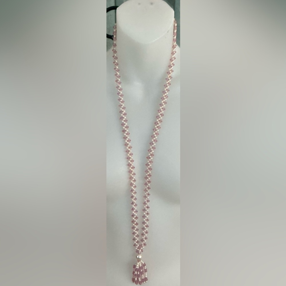 Flapper style pink and white beaded necklace with Tassel